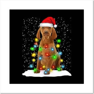 Vizsla Christmas Santa Hat Xmas Tree Color Lights Posters and Art